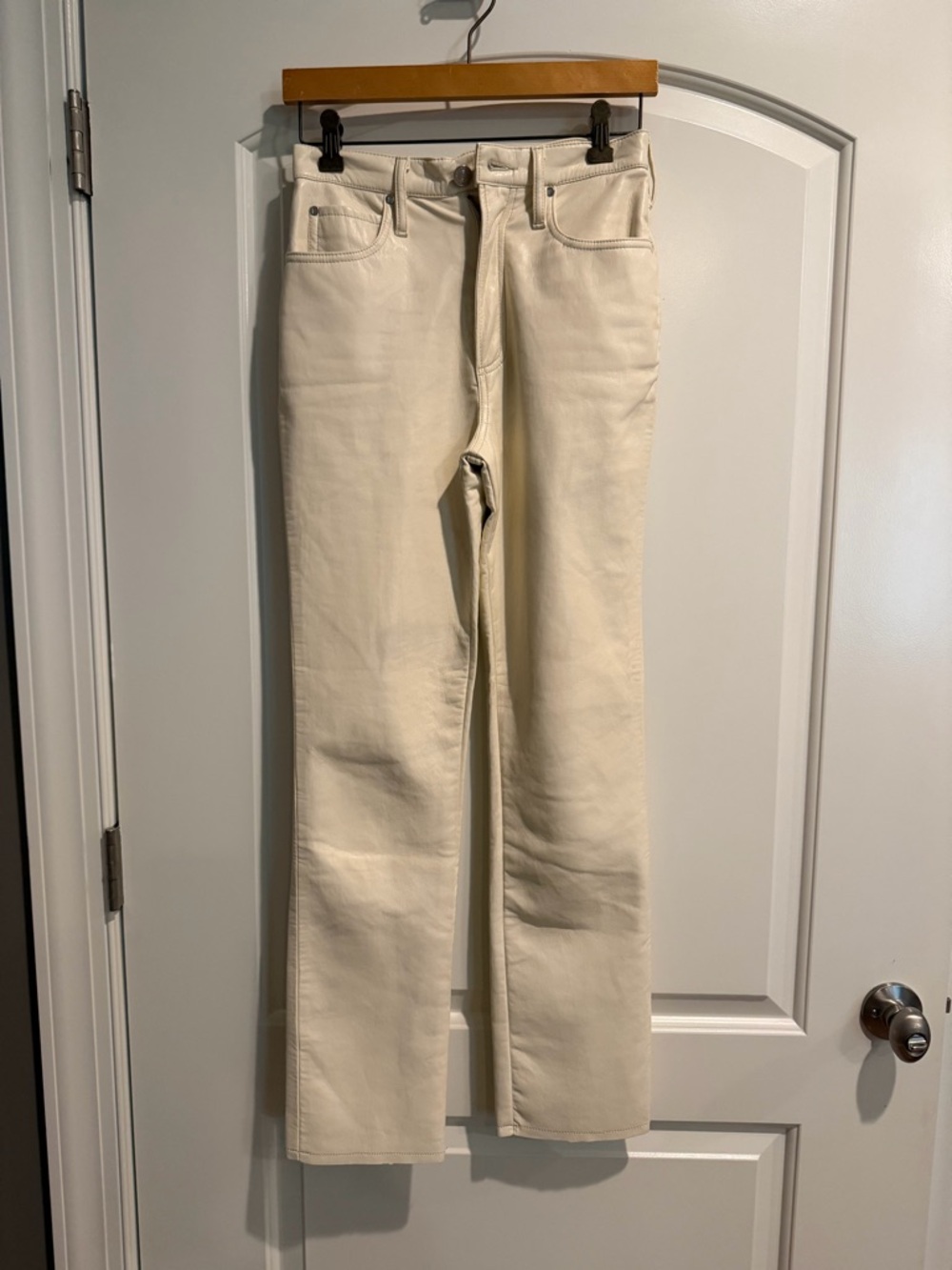 FRAME 'High in Tight Straight' Cream Straight-Leg Leather Jeans Size 25 - Picture 2 of 6
